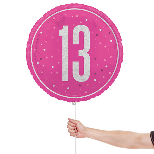 Hot Pink Glitz 13th Birthday Holographic Round Foil Helium Balloon 46cm / 18 in Product Gallery Image