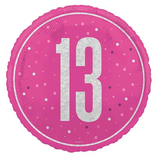 Hot Pink Glitz 13th Birthday Holographic Round Foil Helium Balloon 46cm / 18 in