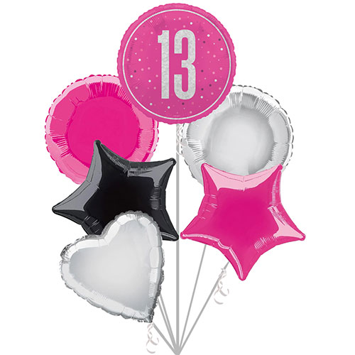 Hot Pink Glitz 13th Birthday Holographic Round Foil Helium Balloon - Inflated Balloon in a Box Product Gallery Image