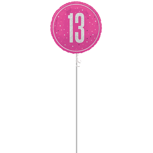 Hot Pink Glitz 13th Birthday Holographic Round Foil Helium Balloon - Inflated Balloon in a Box