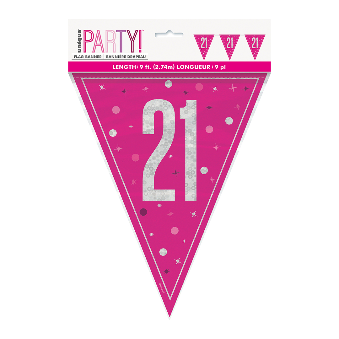 Hot Pink Glitz 21st Birthday Holographic Foil Pennant Bunting 274cm Product Gallery Image