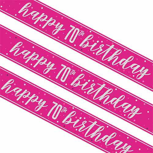 Hot Pink Glitz 70th Birthday Holographic Foil Banner 274cm