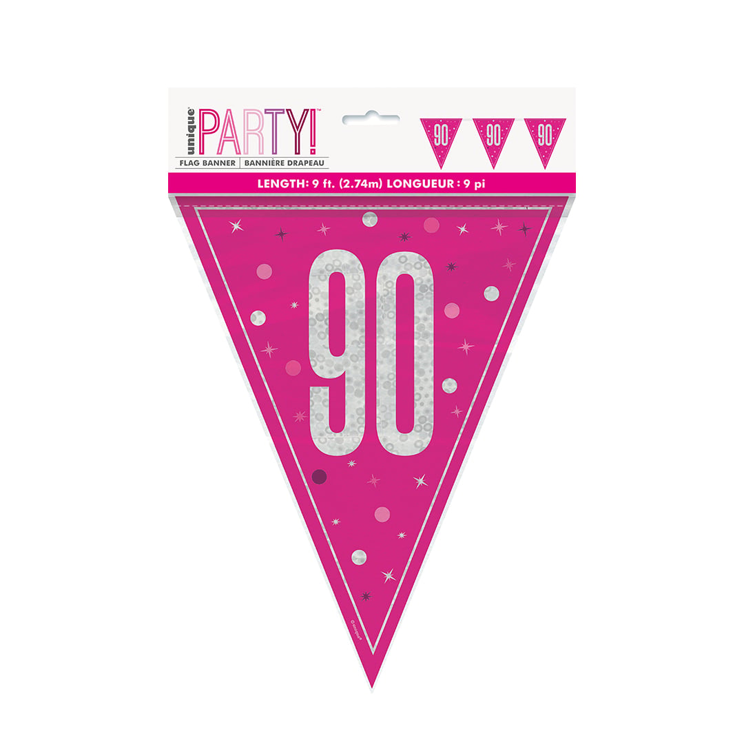 Hot Pink Glitz 90th Birthday Holographic Foil Pennant Bunting 274cm Product Gallery Image