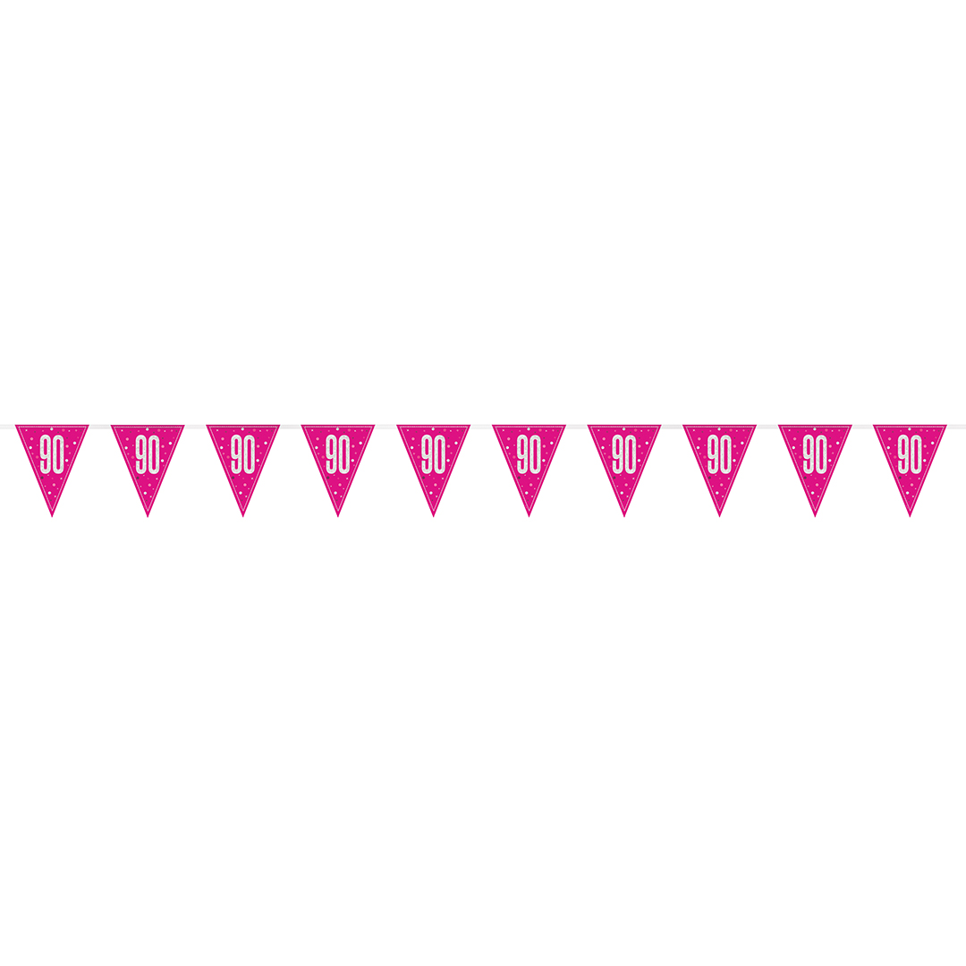 Hot Pink Glitz 90th Birthday Holographic Foil Pennant Bunting 274cm