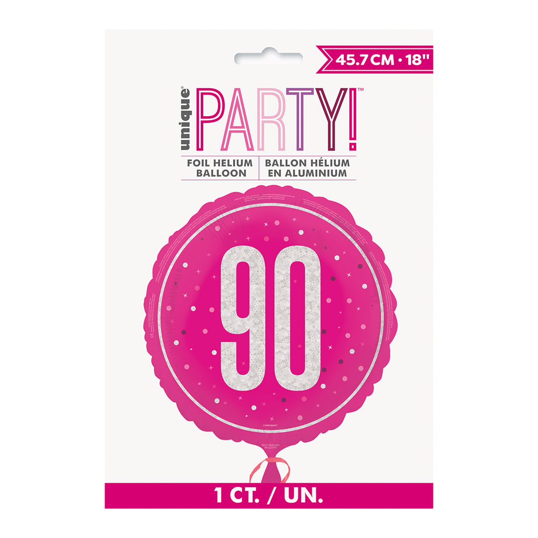 Hot Pink Glitz 90th Birthday Holographic Round Foil Balloon 46cm / 18 in View 3