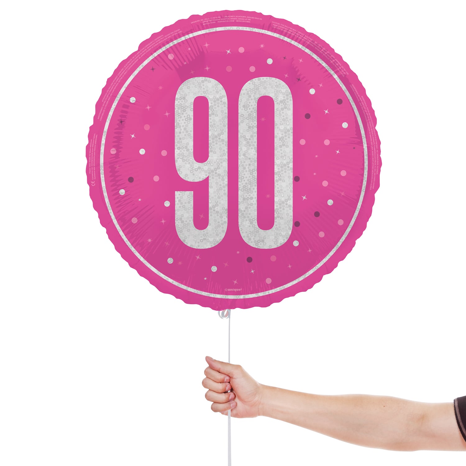 Hot Pink Glitz 90th Birthday Holographic Round Foil Balloon 46cm / 18 in View 2