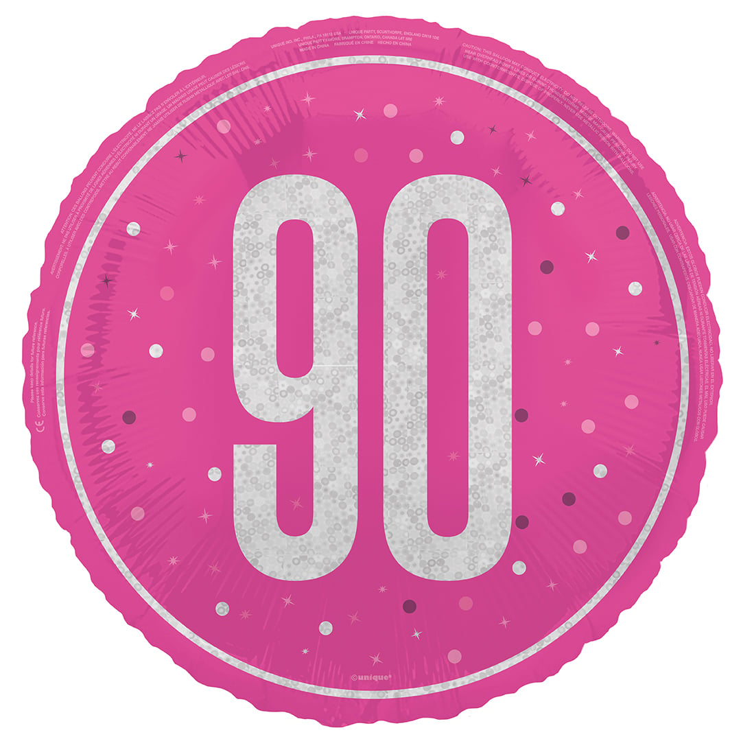 Hot Pink Glitz 90th Birthday Holographic Round Foil Balloon 46cm / 18 in