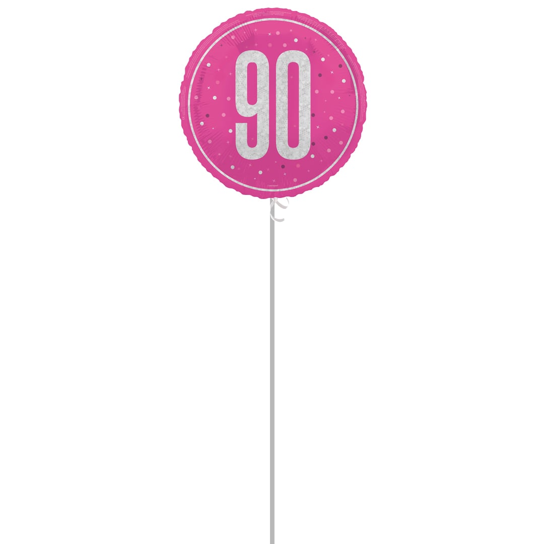 Hot Pink Glitz 90th Birthday Holographic Round Foil Balloon - Inflated Balloon In A Box Product Gallery Image
