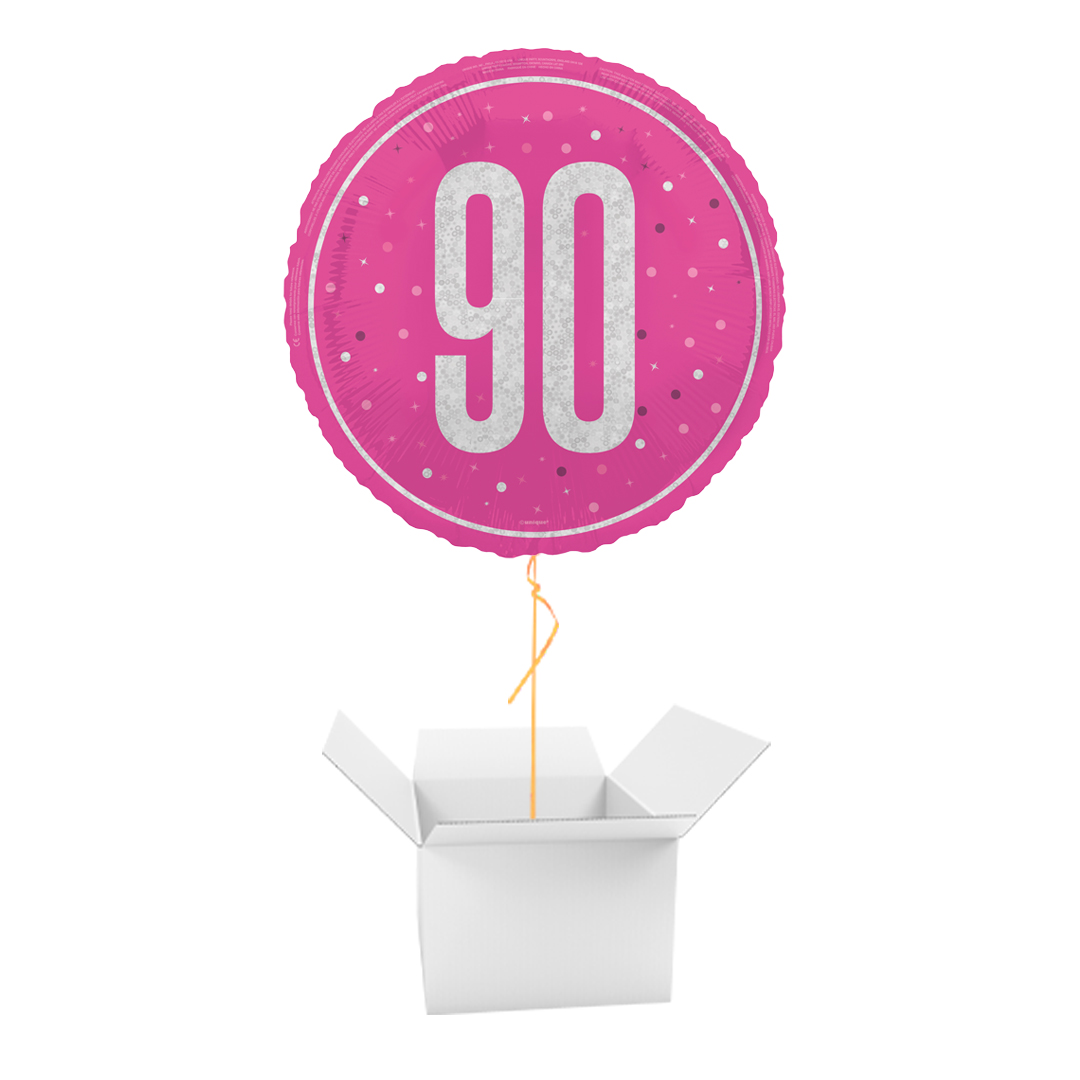 Hot Pink Glitz 90th Birthday Holographic Round Foil Balloon - Inflated Balloon In A Box