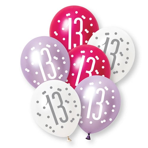 Hot Pink Glitz Pearlescent 13th Birthday Assorted Latex Balloons 30cm / 12 in - Pack of 6