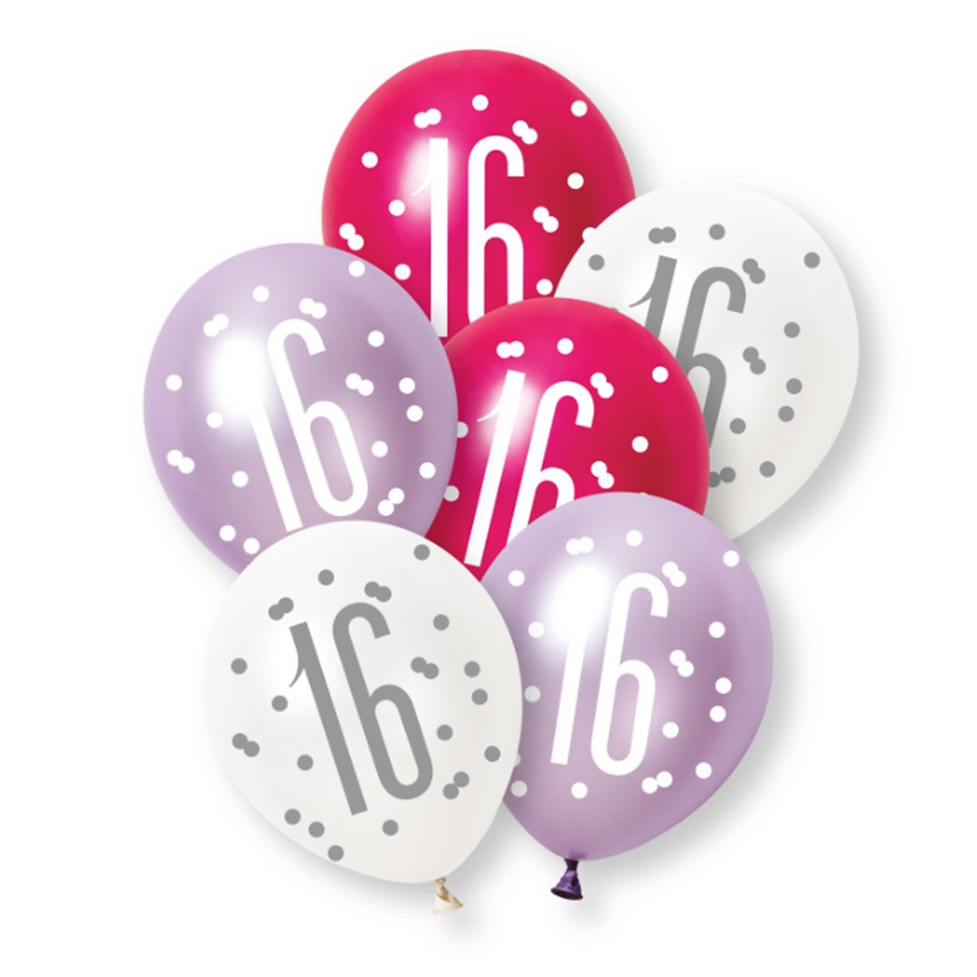 Hot Pink Glitz Pearlescent 16th Birthday Assorted Latex Balloons 30cm / 12 in - Pack of 6