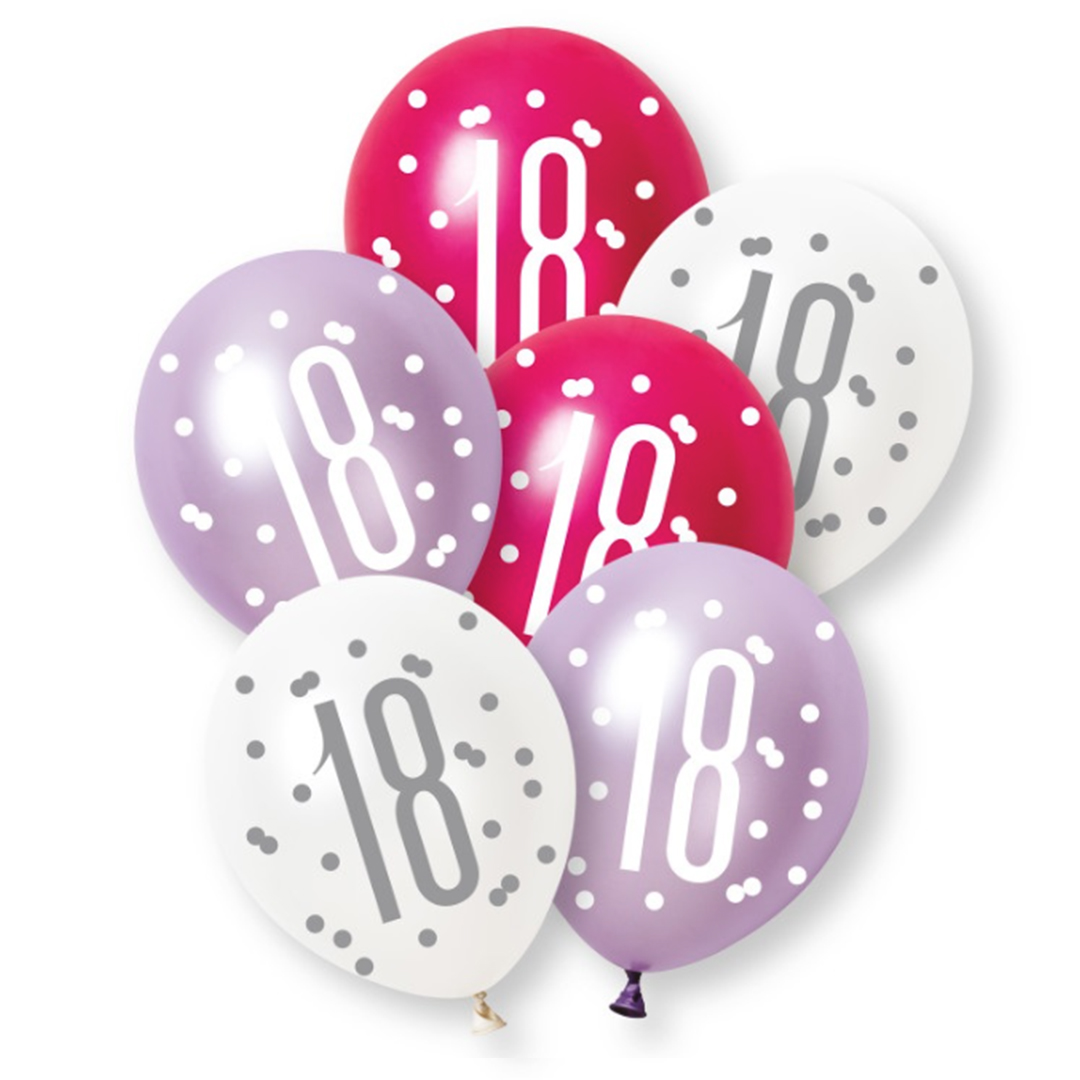 Hot Pink Glitz Pearlescent 18th Birthday Assorted Latex Balloons 30cm / 12 in - Pack of 6