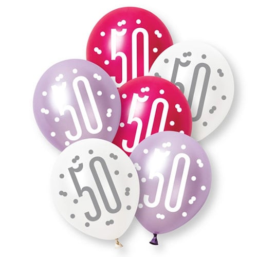 Hot Pink Glitz Pearlescent 50th Birthday Assorted Latex Balloons 30cm / 12 in - Pack of 6