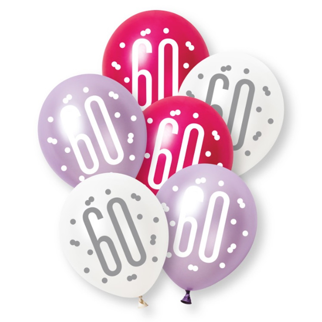 Hot Pink Glitz Pearlescent 60th Birthday Assorted Latex Balloons 30cm / 12 in - Pack of 6