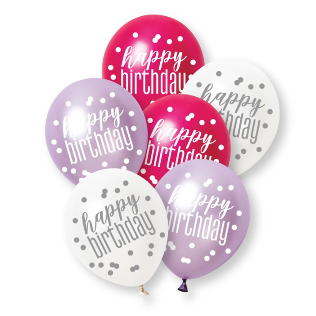 Hot Pink Glitz Pearlescent Happy Birthday Assorted Latex Balloons 30cm / 12 in - Pack of 6