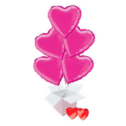 Hot Pink Heart Foil Helium Valentine's Day Balloon Bouquet - 5 Inflated Balloons In A Box Product Image