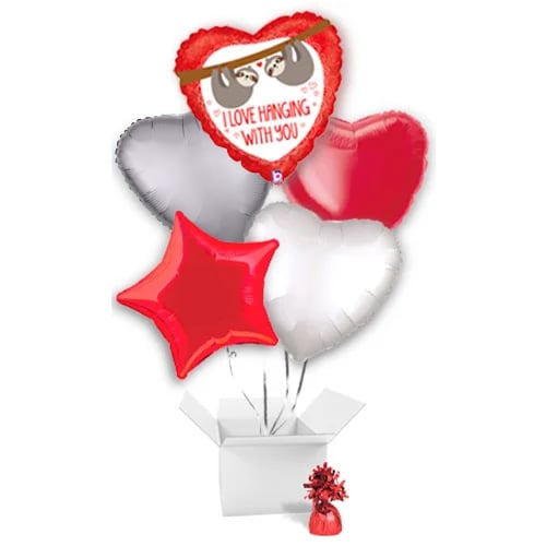 I Love Hanging With You Sloths Valentines Heart Shape Foil Helium Balloon Bouquet - 5 Inflated Balloons In A Box