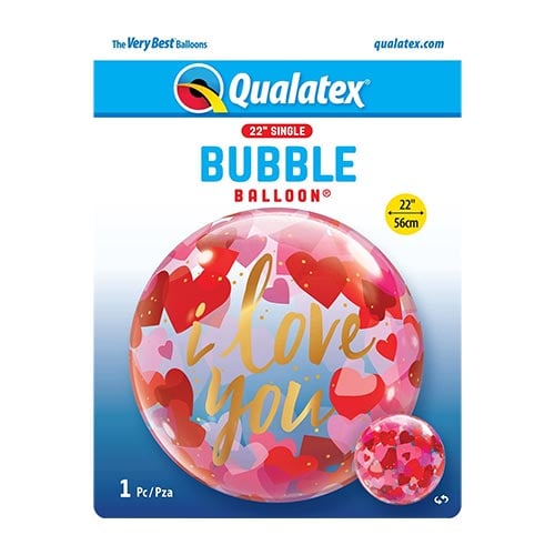 I Love You Paper Hearts See-Thru Bubble Helium Qualatex Balloon 56cm / 22 in Product Gallery Image