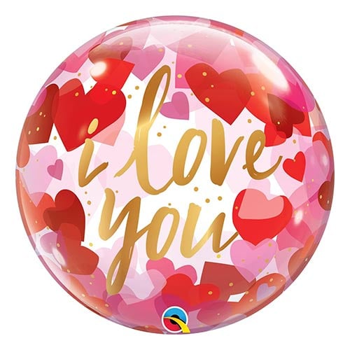 I Love You Paper Hearts See-Thru Bubble Helium Qualatex Balloon 56cm / 22 in Product Gallery Image