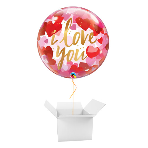 I Love You Paper Hearts See-Thru Bubble Helium Qualatex Balloon - Inflated Balloon in a Box