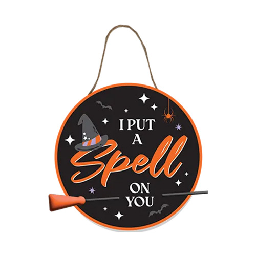 I Put A Spell On You with Witch's Broomstick Orange Halloween Hanging Wooden Plaque Decoration 27cm Product Image