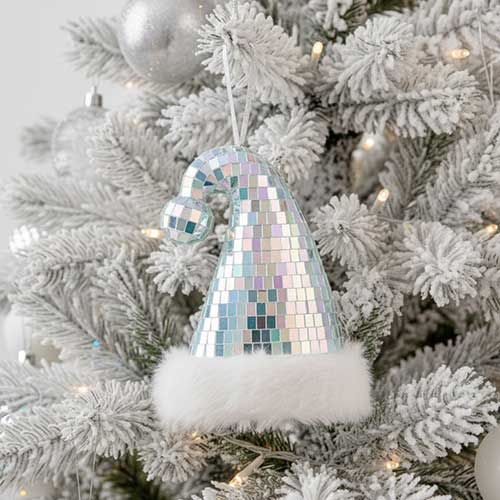 Iridescent Disco Ball Santa Hat Christmas Hanging Decoration Tree Ornament 15cm