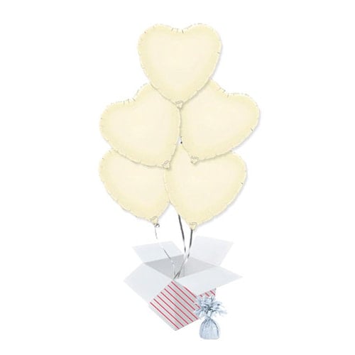 Ivory Heart Foil Helium Balloon Bouquet - 5 Inflated Balloons In A Box Product Gallery Image