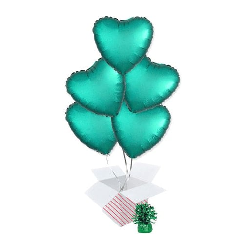 Jade Green Satin Luxe Heart Foil Helium Balloon Bouquet - 5 Inflated Balloons In A Box Product Image