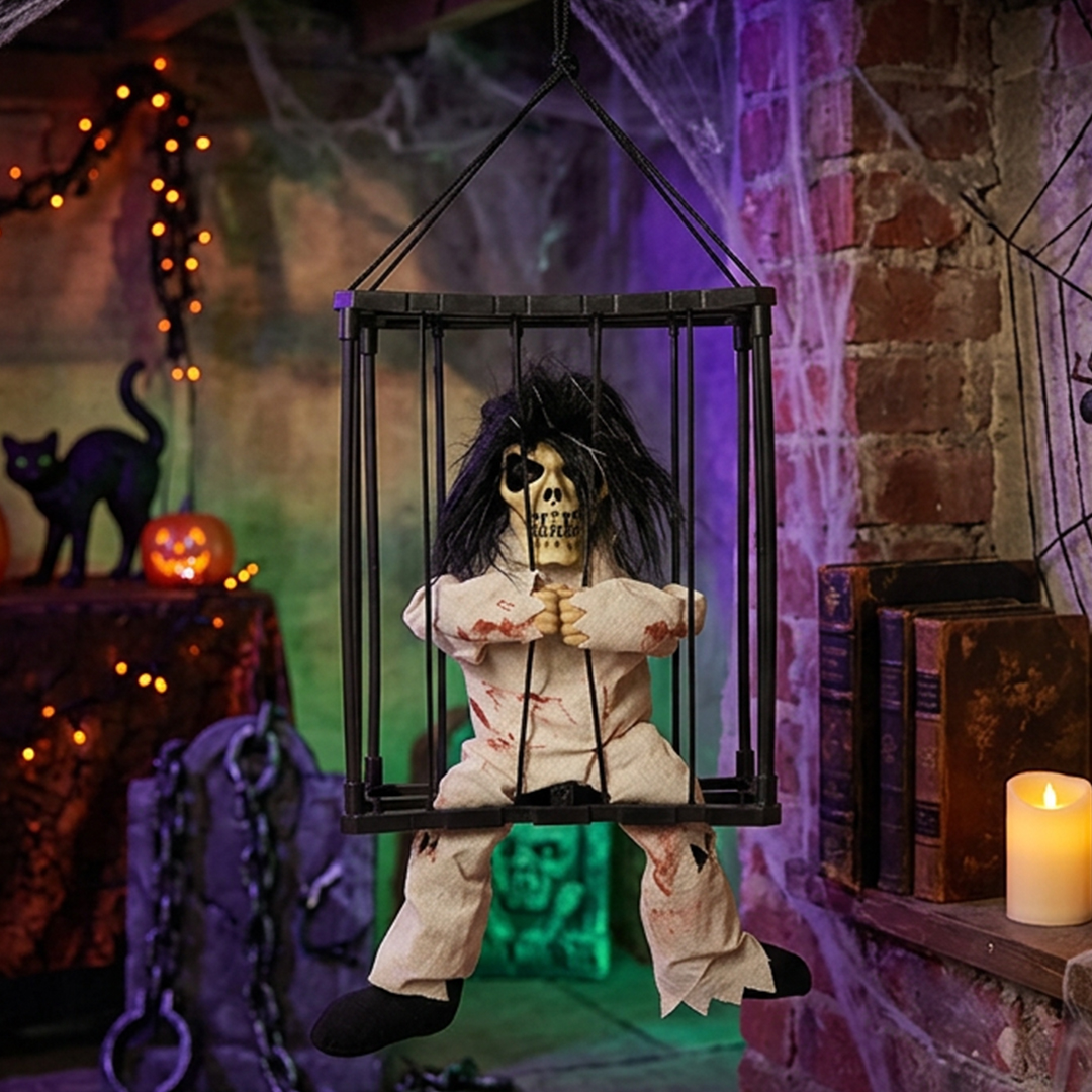Jailhouse Skeleton Ghost Halloween Light Up Hanging Decoration 28cm