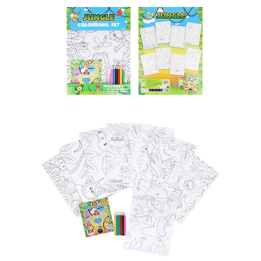 Jungle Animals Colouring Set with Mini Pencils & Stickers
