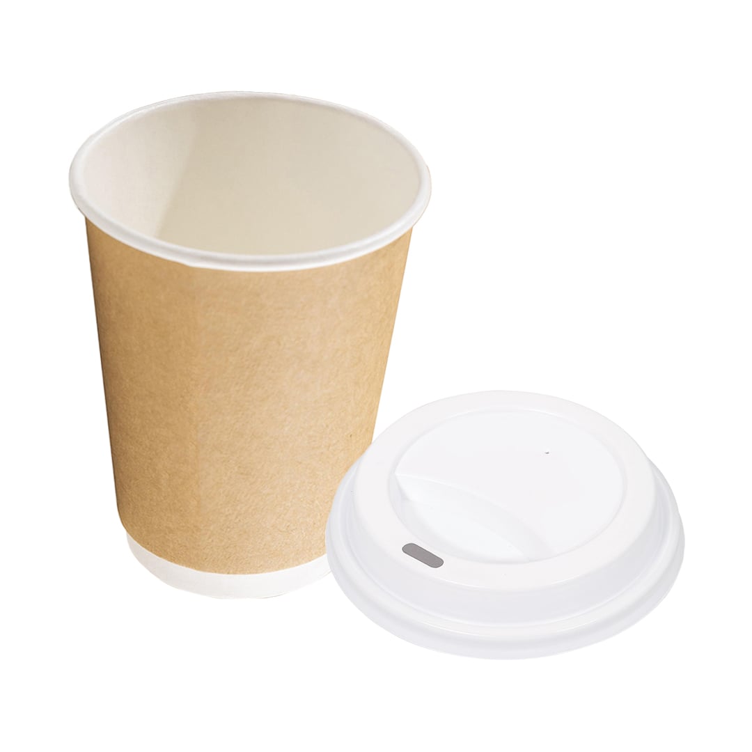 Kraft Paper Cups with White Sip Through Lids - Pack of 50
