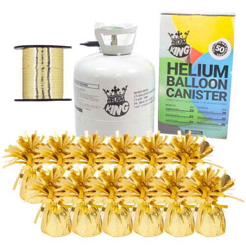 Large Helium Canister with Bright Gold Curling Ribbon and 12 Foil Balloon Weights Product Image