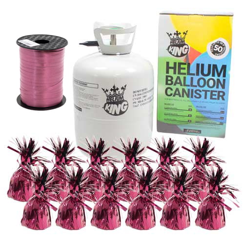 Large Helium Canister with Burgundy Curling Ribbon and 12 Foil Balloon Weights