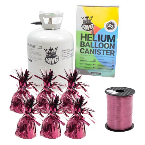 Large Helium Canister with Burgundy Curling Ribbon and 6 Foil Balloon Weights