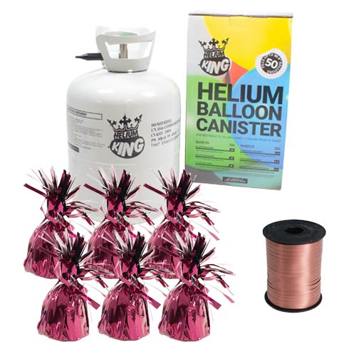 Large Helium Canister with Burgundy Curling Ribbon and 6 Foil Balloon Weights