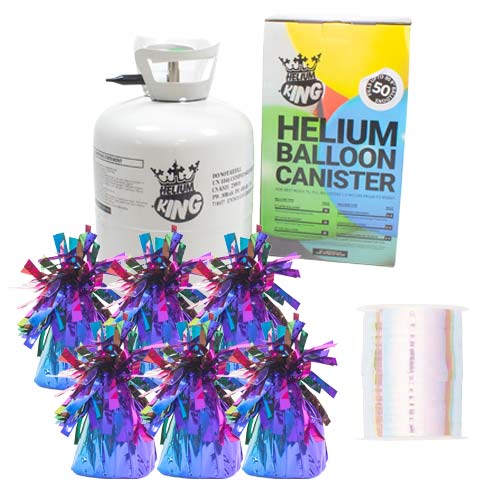 Large Helium Canister with Iridescent Curling Ribbon and 6 Rainbow Foil Balloon Weights
