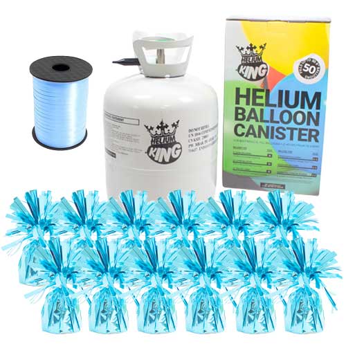 Large Helium Canister with Light Blue Curling Ribbon and 12 Turquoise Foil Balloon Weights