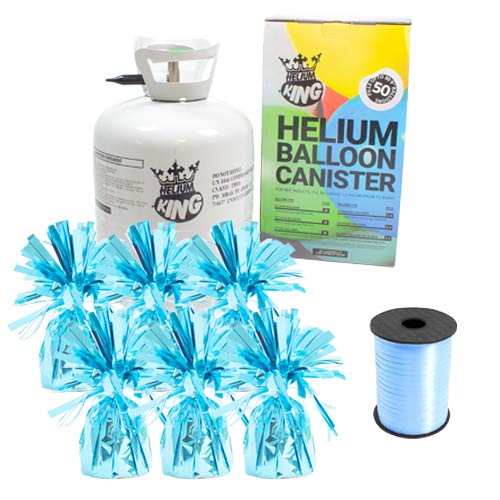 Large Helium Canister with Light Blue Curling Ribbon and 6 Turquoise Foil Balloon Weights