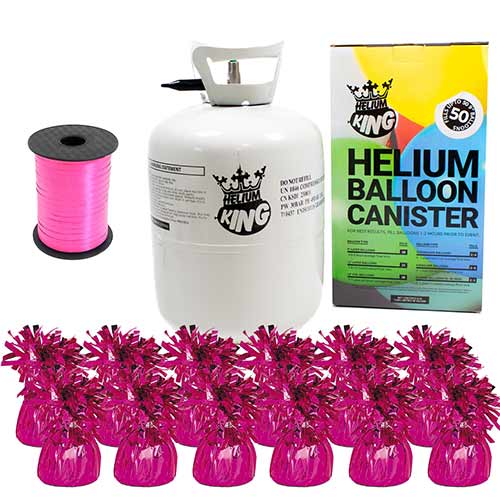 Large Helium Canister with Magenta Hot Pink Curling Ribbon and 12 Foil Balloon Weights Product Image