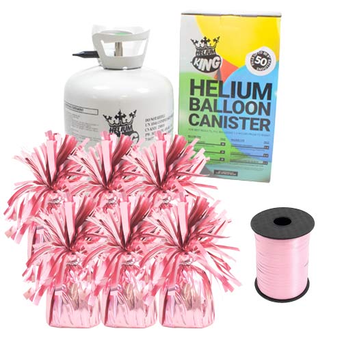 Large Helium Canister with Matte Pink Curling Ribbon and 6 Foil Balloon Weights