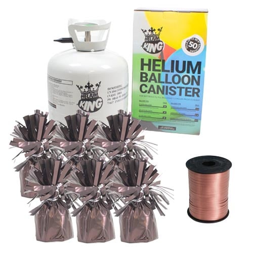 Large Helium Canister with Metallic Brown Curling Ribbon and 6 Foil Balloon Weights