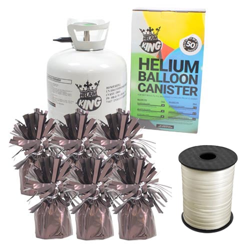 Large Helium Canister with 6 Metallic Brown Foil Balloon Weights and Ivory Curling Ribbon