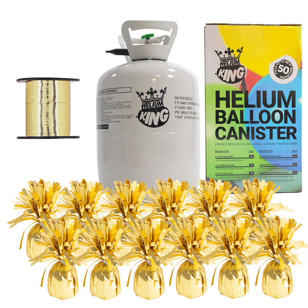 Large Helium Canister with Metallic Gold Curling Ribbon and 12 Soft Gold Foil Balloon Weights