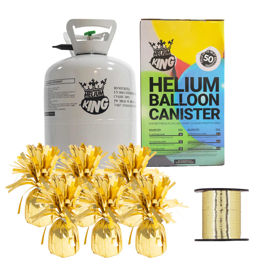 Large Helium Canister with Metallic Gold Curling Ribbon and 6 Soft Gold Foil Balloon Weights