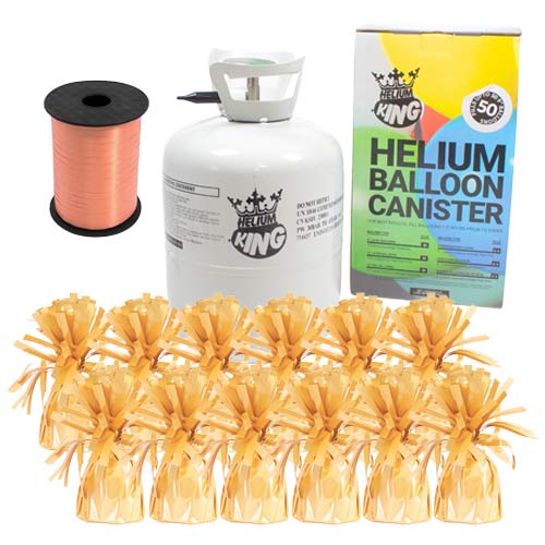 Large Helium Canister with Orange Curling Ribbon and 12 Peach Foil Balloon Weights