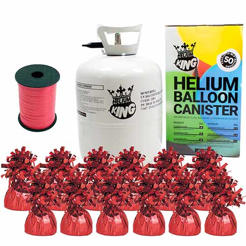 Large Helium Canister with Red Curling Ribbon and 12 Foil Balloon Weights Product Image