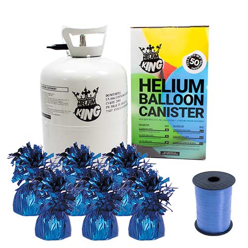 Large Helium Canister with Royal Blue Curling Ribbon and 6 Foil Balloon Weights Product Image