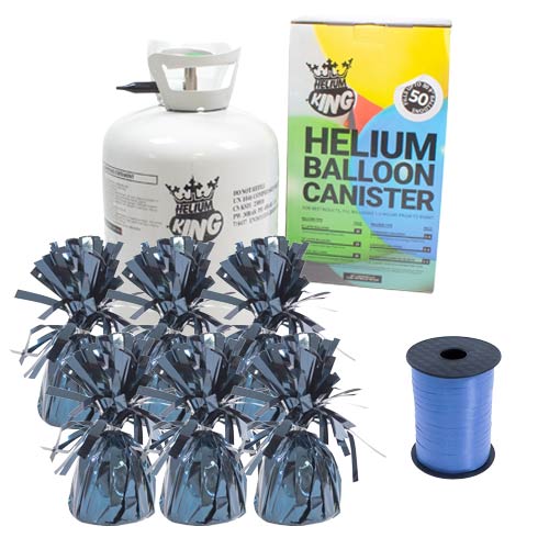 Large Helium Canister with Royal Blue Curling Ribbon and 6 Petrol Blue Foil Balloon Weights