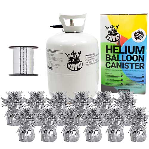 Large Helium Canister with Silver Curling Ribbon and 12 Foil Balloon Weights Product Image