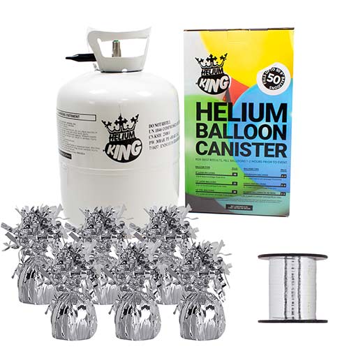 Large Helium Canister with Silver Curling Ribbon and 6 Foil Balloon Weights Product Image